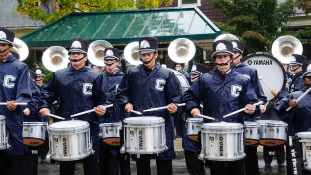 Marching band playing in the rain