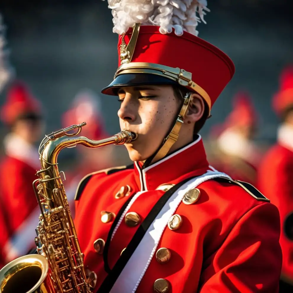 High school Marching band student in red uniform playing the saxophone.