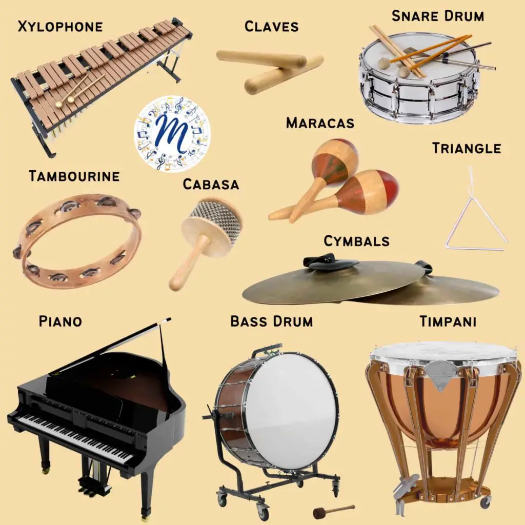 Picture of different percussion instruments. Xylophone, claves, snare drum, maracas, tambourine, cabasa, triangle, cymbals, piano, bass drum, timpani