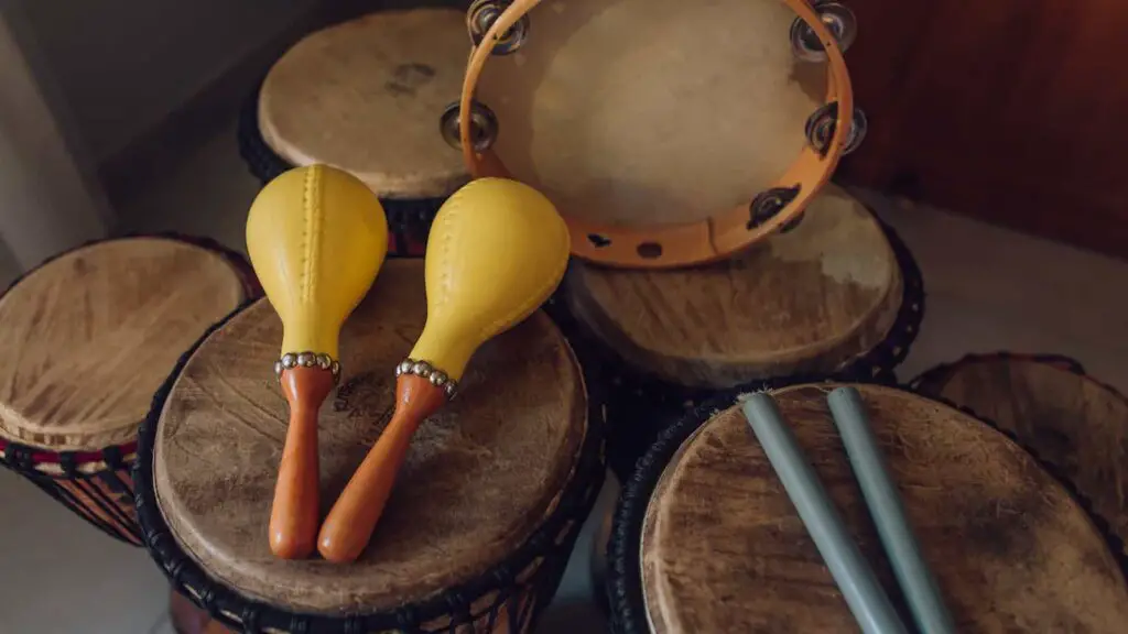 Percussion instruments, drums tambourine, and shakers. 