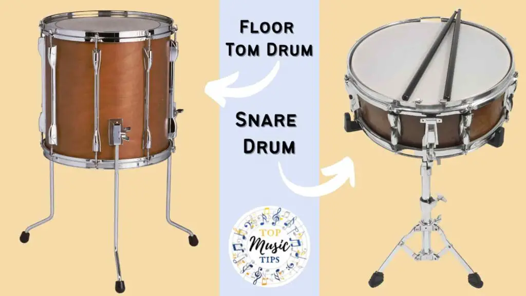 Floor tom drum on left snare drum on the right