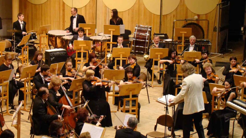 Orchestra with percussion section in the back