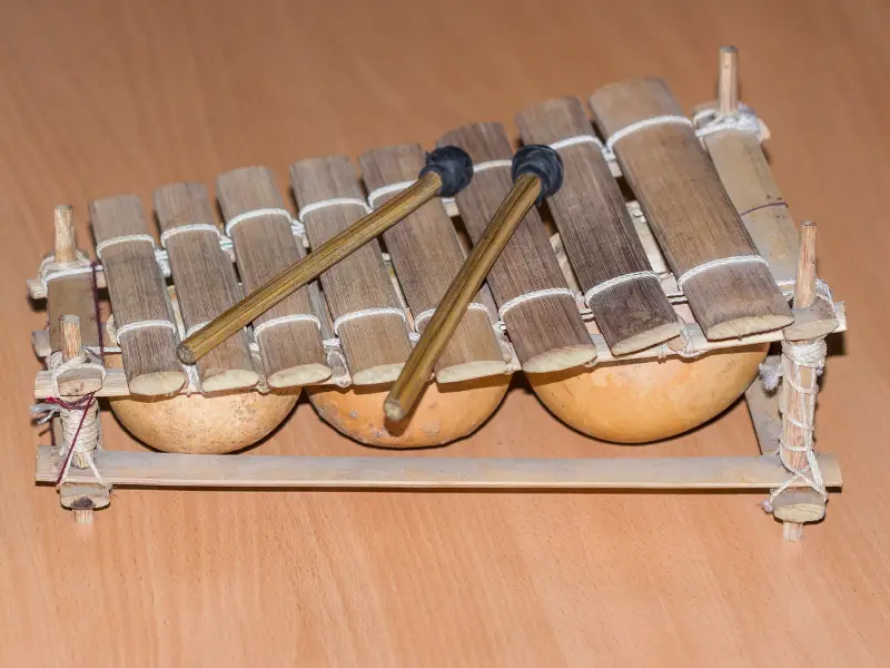 Ancient Xylophone made from wood planks twine and gourds.