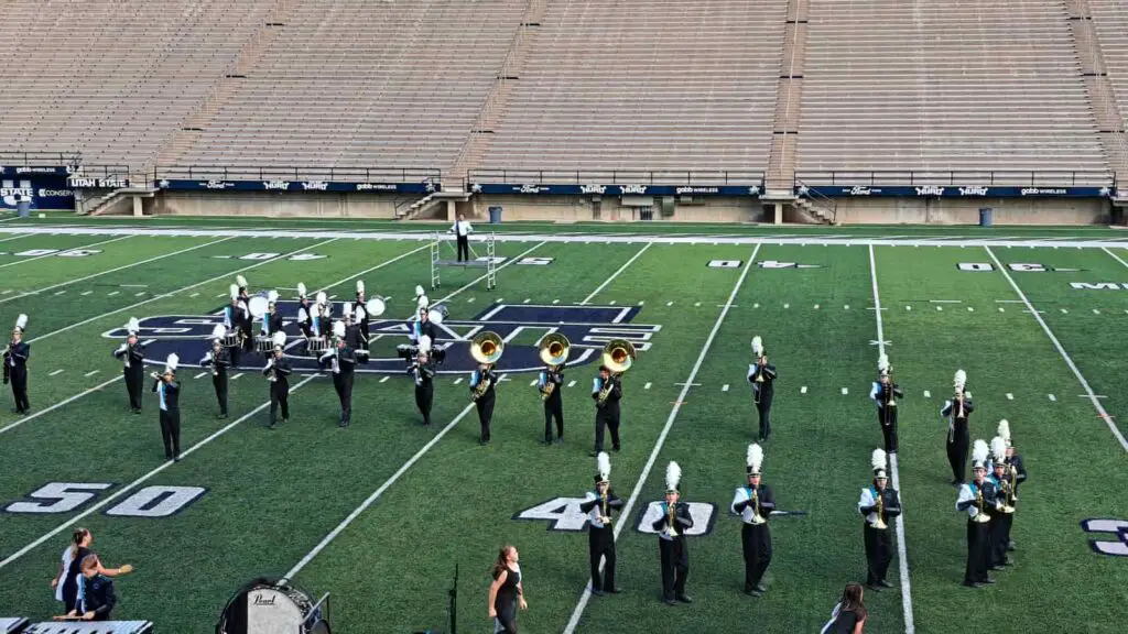 Marching Band students on the field if drill formation