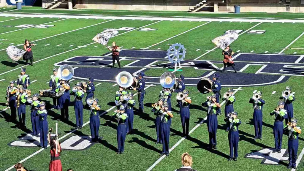 Marching band performing for a competition