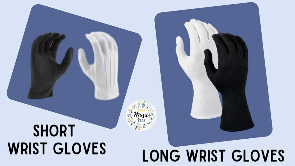 Short wrist black and white marching band gloves on left long wrist marching band gloves on the right. 