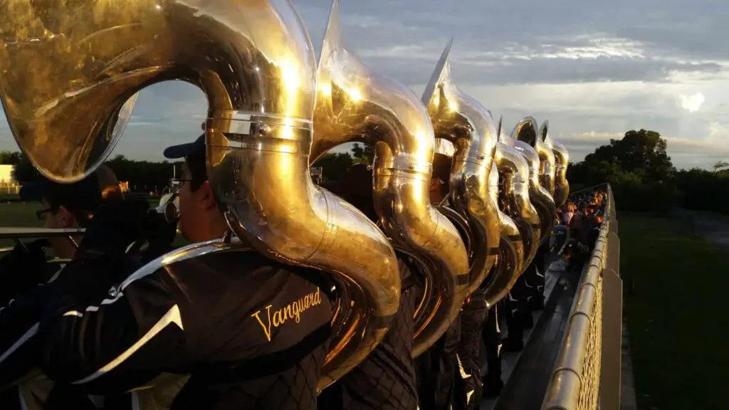 Large heavy marching band tubas.