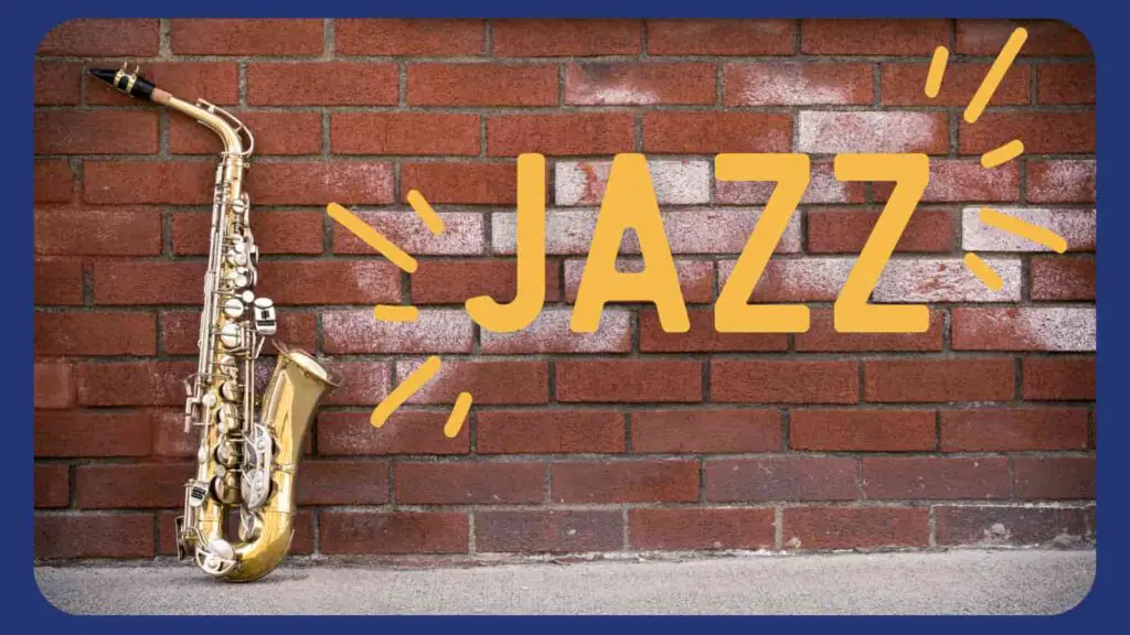 Saxophone against a brick wall with Jazz written on it. 