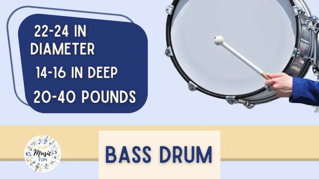 Marching band bass drum size and weight. 
