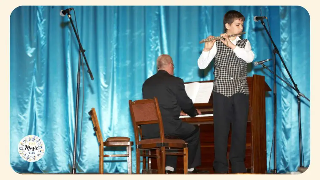 Boy playing flute on stage in a musical recital. 