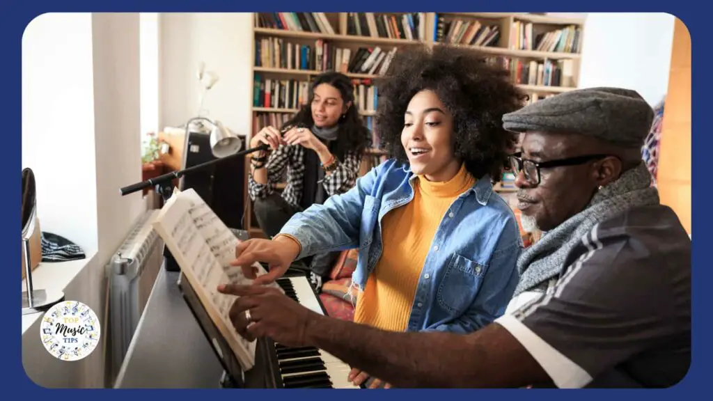 man giving a woman a music lesson on the keyboard teaching tips on improving their music