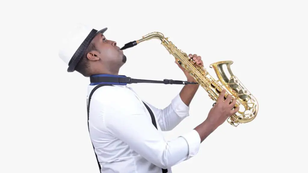 Saxophone player with neck strap. 