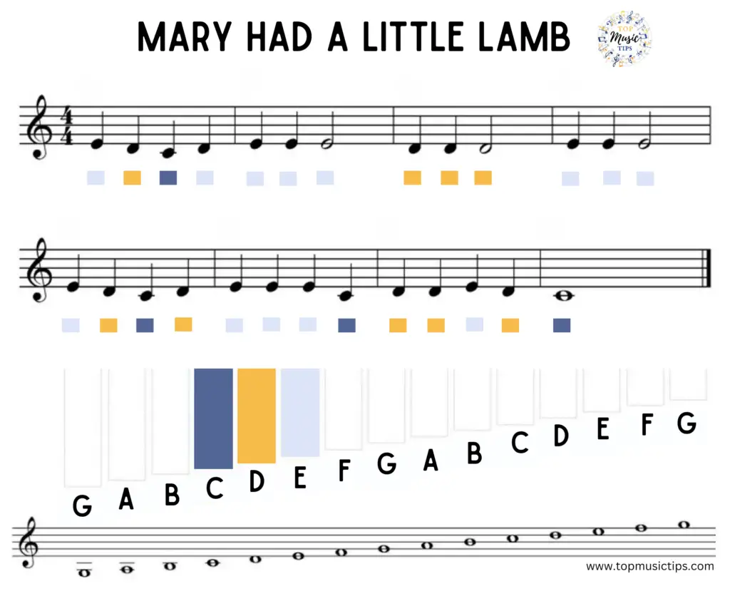 Mary had a Little Lamb free xylophone music, easy to read color coded notes. 